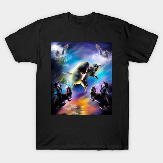 Cats Riding Shark Dinosaur, Cat Kraken, Beach Space T-Shirt by Random Galaxy